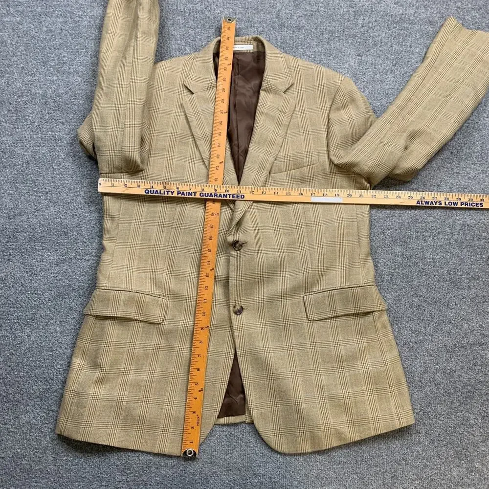John W Nordstrom Blazer Men 44L Long Straw Beige Blue‎ Plaid Wool Silk Blend